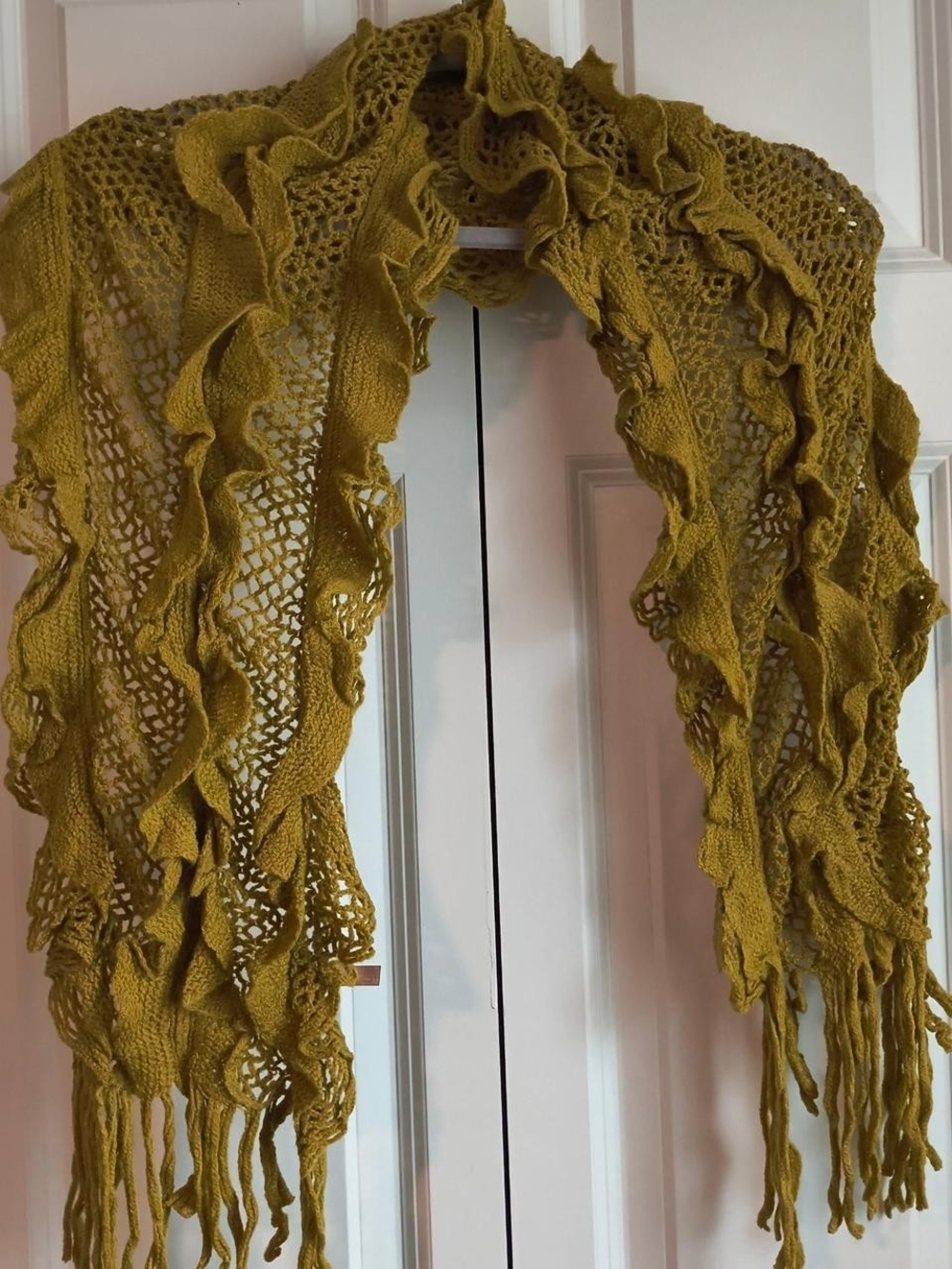 Hand-Knit Ruffled Fringe Scarf - Mustard